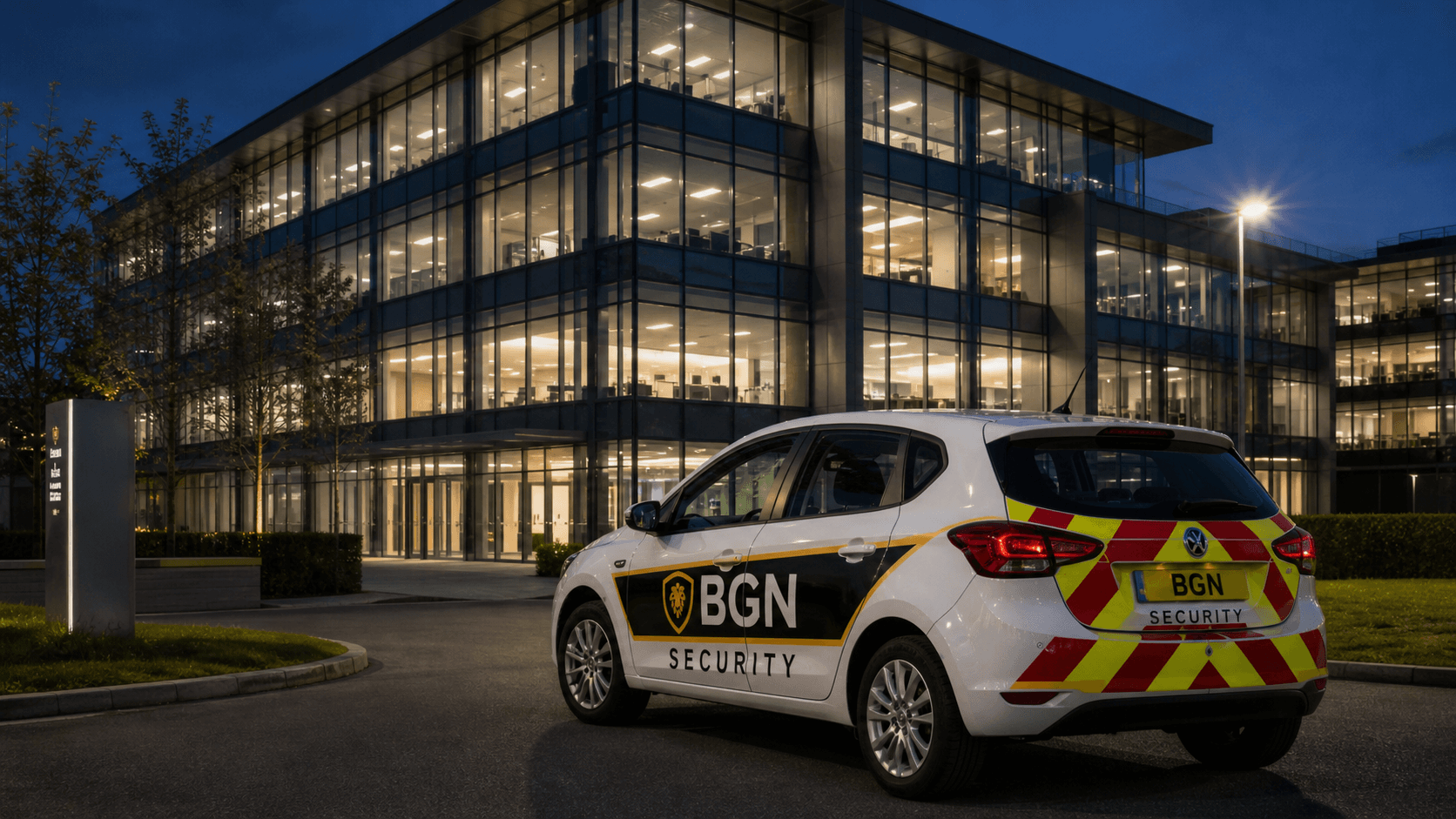 BGN patrol vehicle outside a modern commercial office